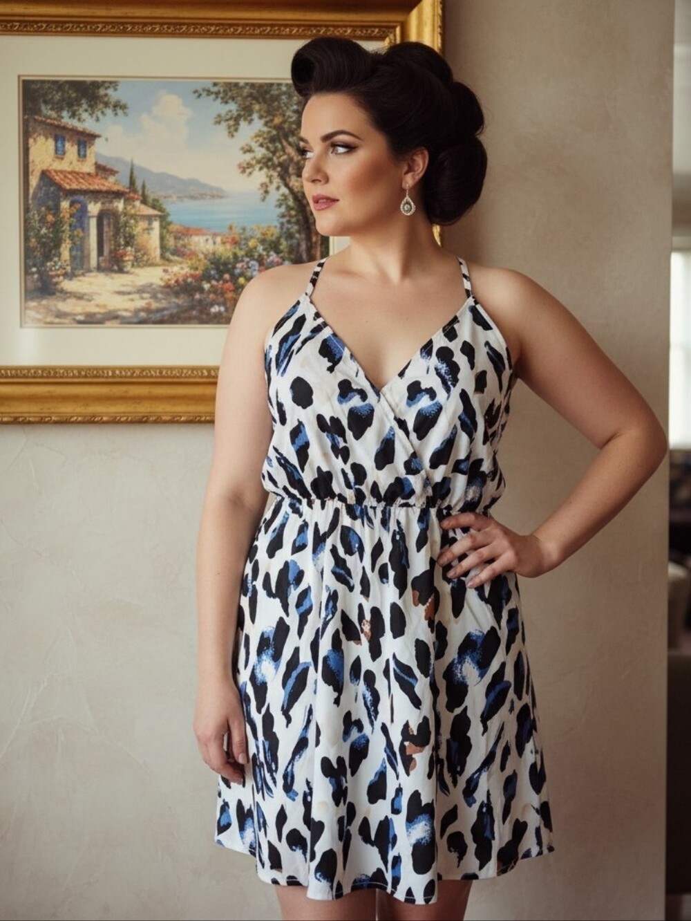 SHEIN Striking White & Blue Leopard Print Spaghetti Strap Mini Dress Size XL